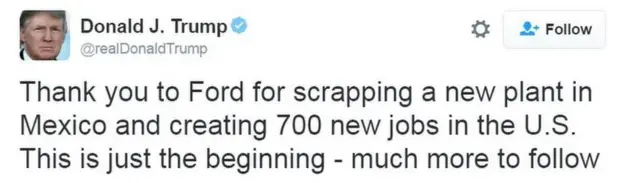 特朗普在另外一条推特上称，感谢福特取消了在墨西哥建厂的计划并把700个工作岗位带回美国。“这只是一个开始，还有更多的在后面”。
