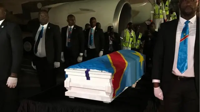 The casket containing the remains of former Congolese Prime Minister and opposition leader Etienne Tshisekedi