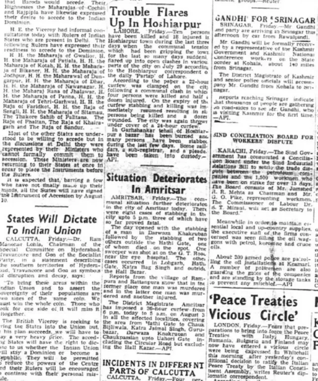 இந்தியா-பாகிஸ்தான் பிரிவினை காலகட்டத்தின் பத்திரிக்கை செய்திகள்