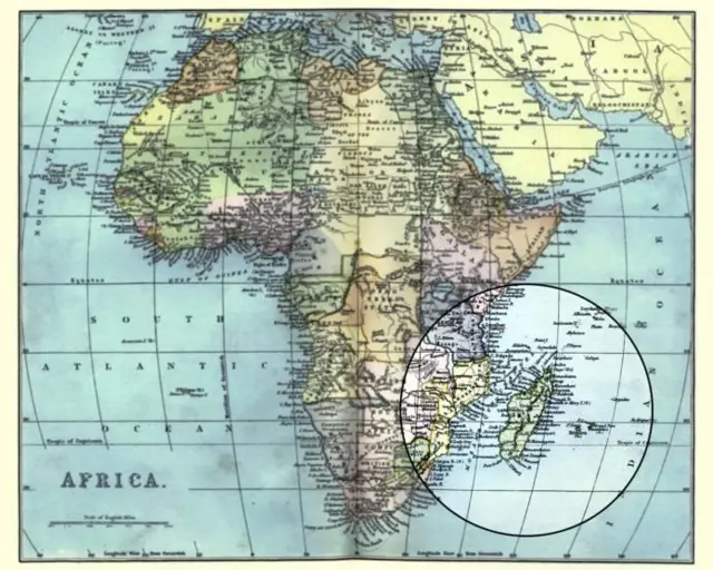 남아프리카 동쪽 마다가스카르 섬의 위치를 나타낸 지도