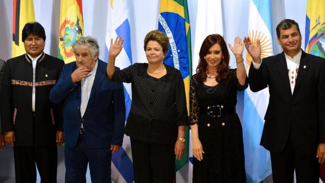 Evo Morales, José Mujica, Dilma Rousseff, Cristina Fernández y Rafael Correa.