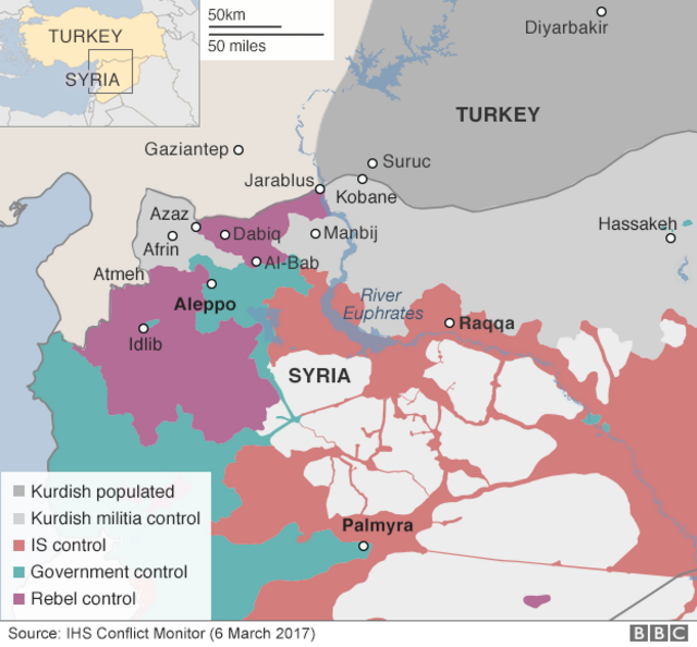 3月6日時点での、シリア国内の各勢力の支配地域（灰色がクルド人武装勢力、朱色がIS、緑がシリア政府軍、紫が反政府勢力）