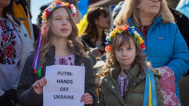 NEW YORK, UNITED STATES - 2022/02/27: Hundreds gather in Manhattans Washington Square Park to denounce the Russian invasion and to show their support for Ukraine.