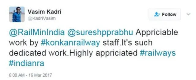 ரயில்வே அமைச்சருக்கு பாராட்டு தெரிவித்த டிவிட்டர் செய்திகள்
