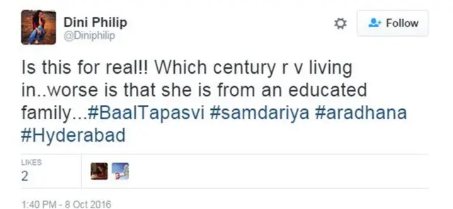 Is this for real!! Which century r v living in..worse is that she is from an educated family...#BaalTapasvi #samdariya #aradhana #Hyderabad