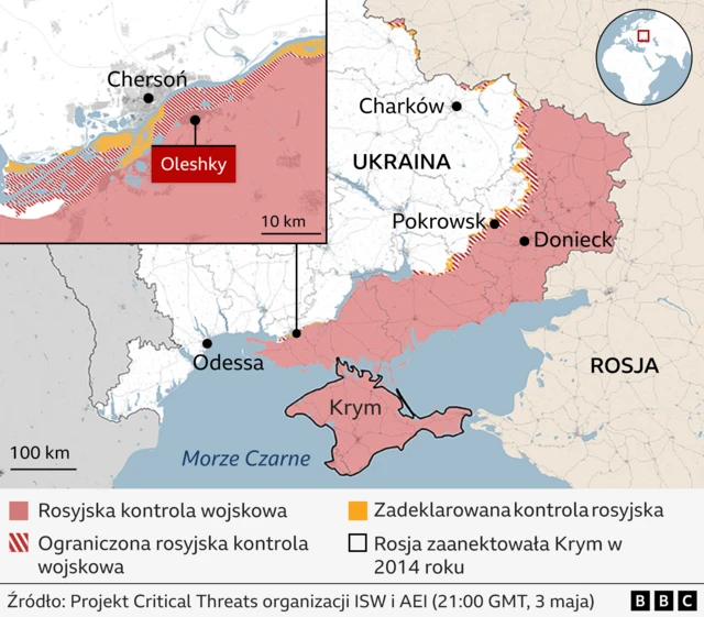 Mapa przedstawiająca Ukrainę, z dużym obszarem na wschodzie kraju i Krymem zaznaczonym na czerwono, aby wskazać na kontrolę rosyjską. Są tam również obszary zaznaczone jako ograniczone, kontrolowane przez wojska rosyjskie, rzekomo kontrolowane przez Rosję.