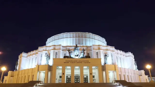 The Bolshoi Opera and Ballet Theater of Belarus is seen with lights on before the "Earth Hour" in Minsk, Belarus