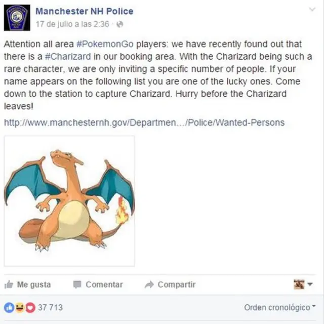 La entrada sobre Pokémon Go de la policía de New Hampshire, Manchester