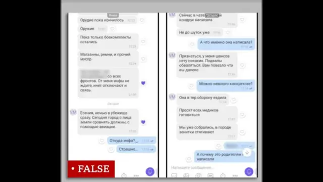Screengrabs of messages in Russia falsely claiming that an attack was imminent on Alina's town