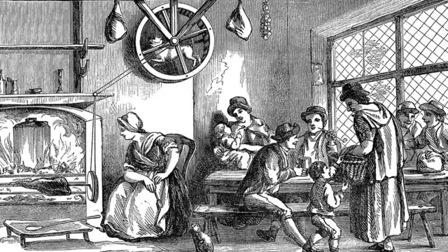 Собака вертит вертел на викторианской кухне