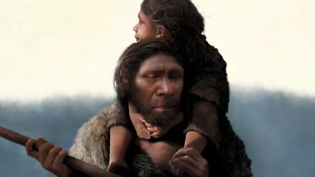 Ilustraçãoslot honorum homem neandertal com uma criança nos ombros