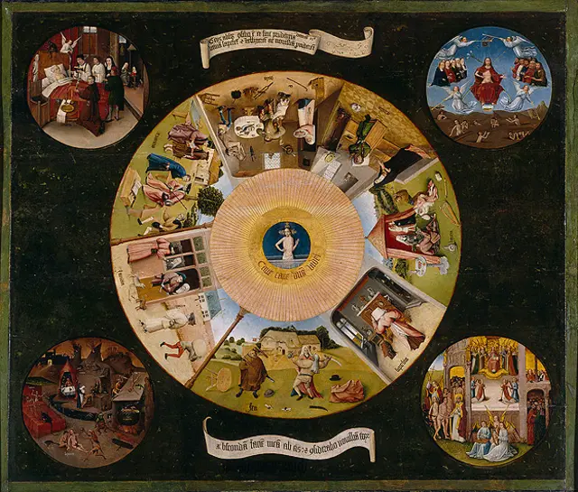Mesa de los pecados capitales pintada por Jheronimus Bosch, el Bosco, circa 1505-1510
