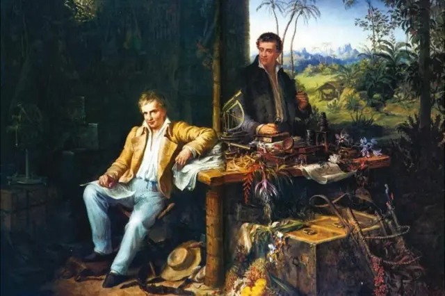 Alexander von Humboldt (1769-1859) y Aimé Bonpland (1773-1858) en su exploración de la selva amazónica, pintados por Eduard Ender (1822-1883) en 1856.