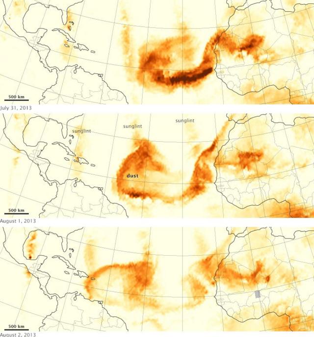 Mapa mostra deslocamento da nuvem de poeira no oceano Atlântico