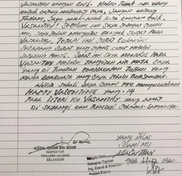 Surat kiriman Mainthan pada Vasanthy.