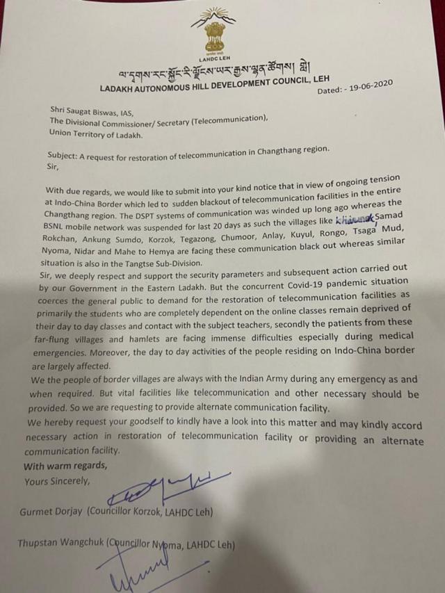 Picture of a letter sent by local councillors in Ladakh to a senior government official of the region. The councillors asked for the restoration of phone lines in villages near the Indian side of the Line of Actual Control.