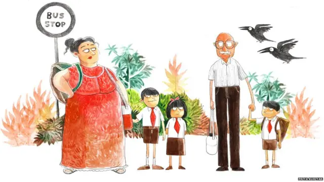 Woman in nightie doing the school bus run