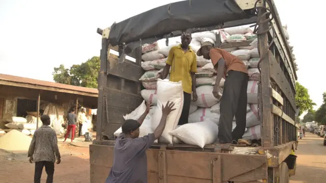 Stocked bags of rice ready for transport to market for sales.