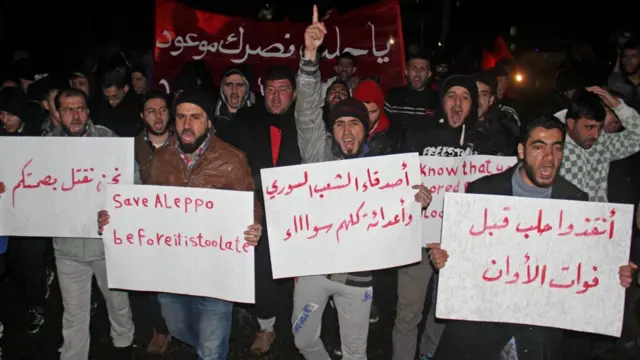 Residentes sirios del lado oeste de Alepo protestan con carteles.