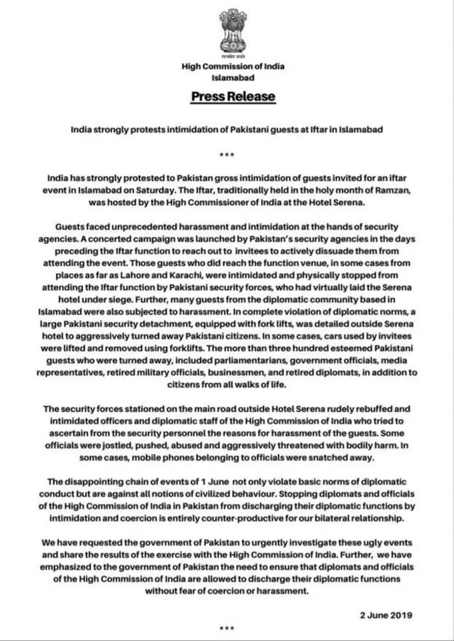 ਇਸਲਾਮਾਬਾਦ ਵਿੱਚ ਭਾਰਤੀ ਸਫ਼ਾਰਤਖਾਨੇ ਦੀ ਇਫ਼ਤਾਰ ਪਾਰਟੀ
