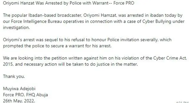 Atẹjade lati ileeṣẹ ọlọpaa