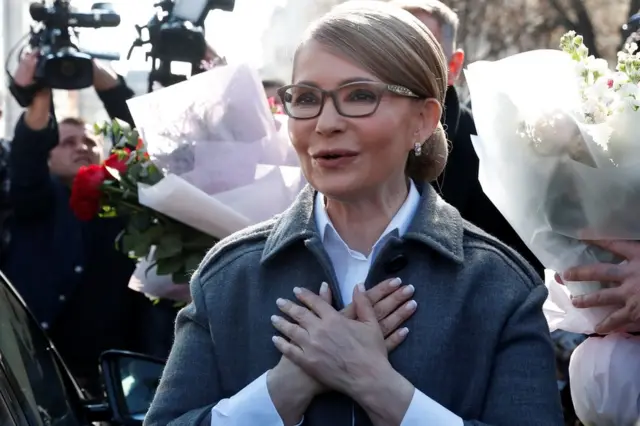 Yulia Tymoshenko outside a polling station in Kiev, 31 May