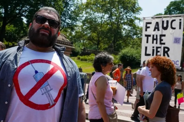 People gather during an anti-vaccine demonstration, amid the coronavirus disease (COVID-19) pandemic, in Central Park, New York City, U.S., July 24, 2021