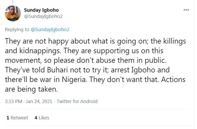 Ọrọ ti Sunday Igboho sọ loju opo Twitter rẹ