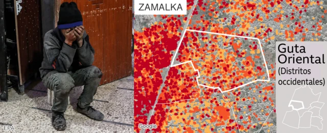 Mapa que muestra los daños en Zamalka, Guta Oriental