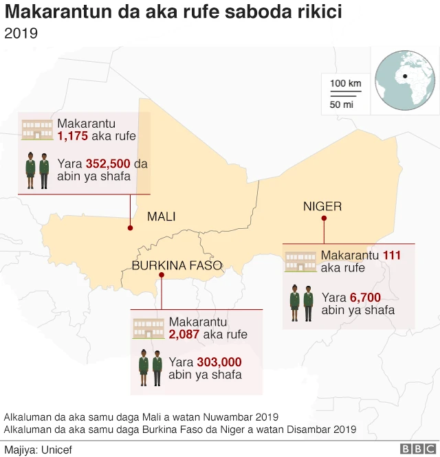 Map showing number of schools closed