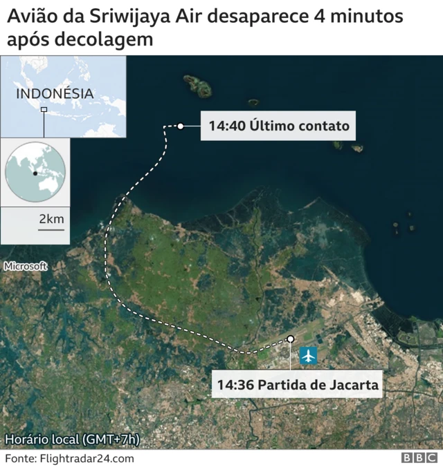 Imagem aponta local onde avião estava ao fazer o último contato