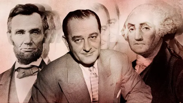 Abraham Lincoln (esq.), Lyndon Johnson (meio) e George Washington