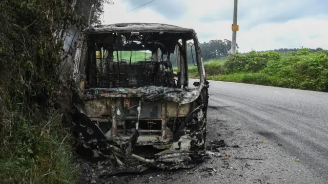 Un bus incinerado durante el paro armado.