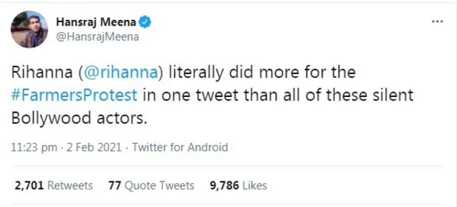 ریحانہ ٹویٹ ردعمل