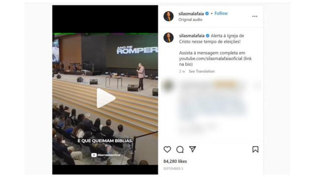 Postagem do pastor Silas Malafaia no Instagram