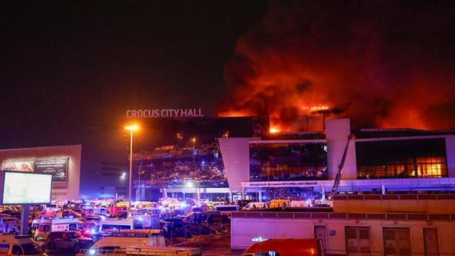 Smoke from fire rises above the burning Crocus City Hall concert venue