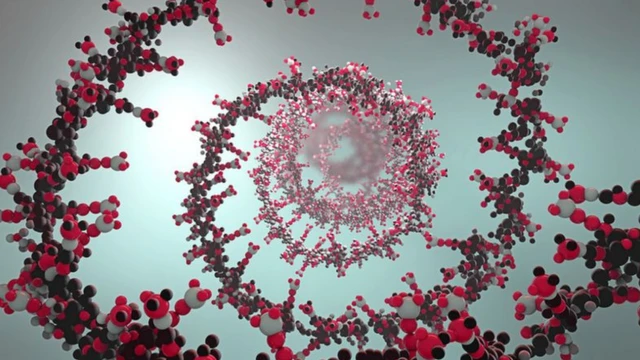 ภาพจำลองโมเลกุลของอาร์เอ็นเอ ซึ่งเชื่อมต่อกันเป็นสายยาวและขดเป็นวงกลมคล้ายสปริง