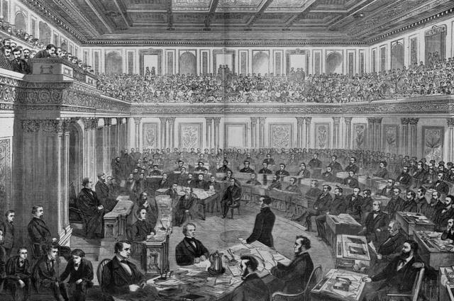 Un grabado en madera muestra el juicio en el Senado de Andrew Johnson