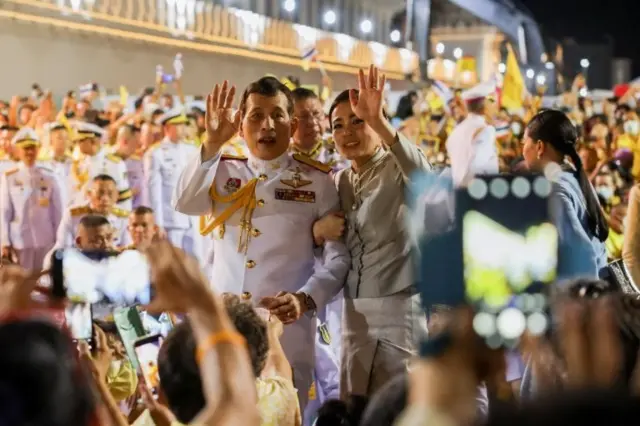 Thailand"s King Maha Vajiralongkorn and Queen Suthida greet royalists, at The Grand Palace in Bangkok, Thailand, November 1, 2020