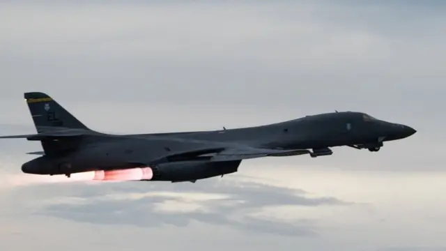 A US Air Force B-1B Lancer assigned to the 37th Expeditionary Bomb Squadron, takes off to fly a bilateral mission with Japanese and South Korea Air Force jets in the vicinity of the Sea of Japan, from Andersen Air Force Base, Guam, 10 October 2017