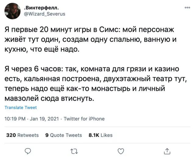 Твит про игру в Симс