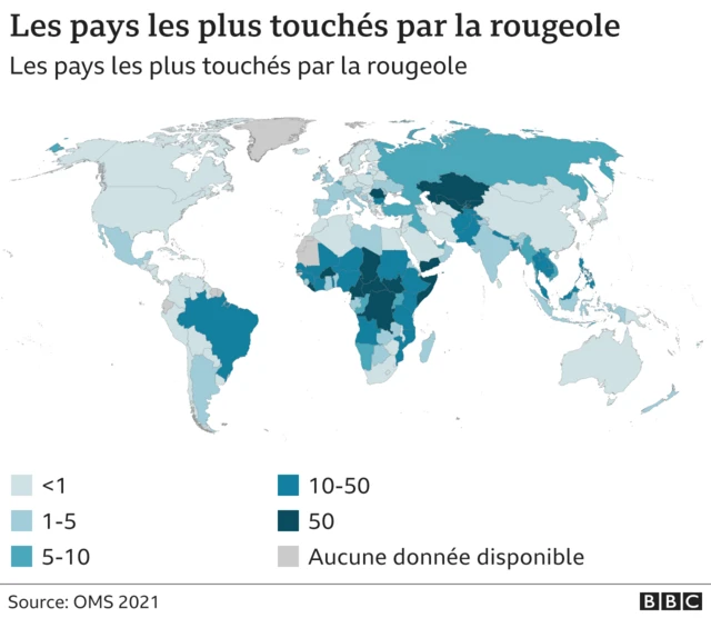 Carte des pays les plus touchés par la rougeole