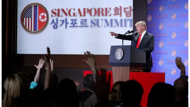 지난 6월 북미정상회담 이후 기자회견에는 미국 트럼프 대통령만 자리했다