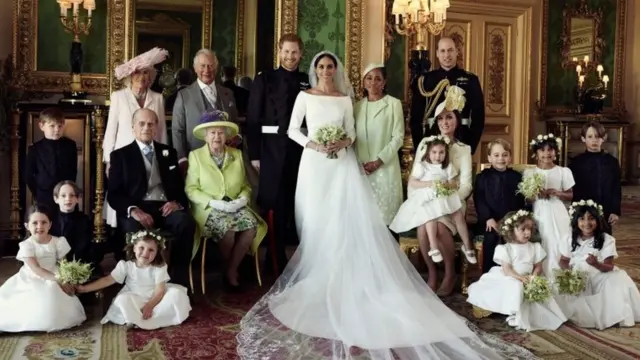 group photograph of Prince Harry and Meghan surrounded by family