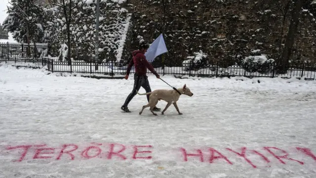 Galata Külesinə (Qalata qülləsi) yaxınlıqda bir kişi itini "Teröre Hayır" (Terrora Xeyir) qraffitisinin yanında gəzdirir.