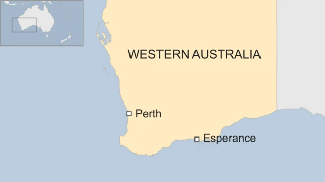 事故が起きたビーチに近いエスぺランス（Esperance）と西オーストラリア州の州都パース（Perth）の位置