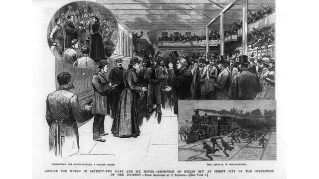 Ilustração retratando a recepção a Nellie Bly em Jersey City quando ela completou sua viagem de volta ao mundo, em 1890