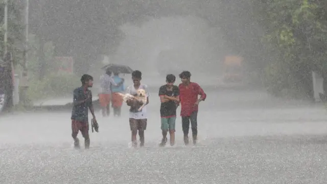Boys carry a dog in heavy rain in India