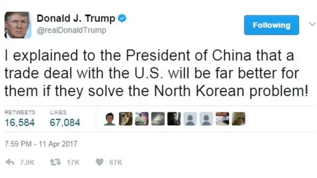 Screenshot of Donald Trump tweet saying: "I explained to the President of China that a trade deal with the U.S. will be far better for them if they solve the North Korean problem!"
