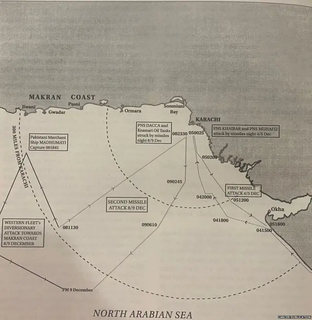 ਕਰਾਚੀ 'ਤੇ 4-5 ਦਸੰਬਰ ਅਤੇ 8-9 ਦਸੰਬਰ, 1971 ਦੀ ਰਾਤ ਹੋਏ ਮਿਜ਼ਾਈਲ ਹਮਲੇ ਲਈ ਅਪਣਾਇਆ ਗਿਆ ਰਸਤਾ